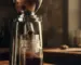 Conical burr coffee grinder dispensing fresh grounds into a glass jar on a walnut counter at morning light