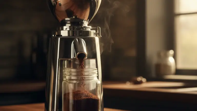 Conical burr coffee grinder dispensing fresh grounds into a glass jar on a walnut counter at morning light