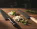 German chef's knife and Japanese gyuto laid side by side on a walnut cutting board with prepped vegetables