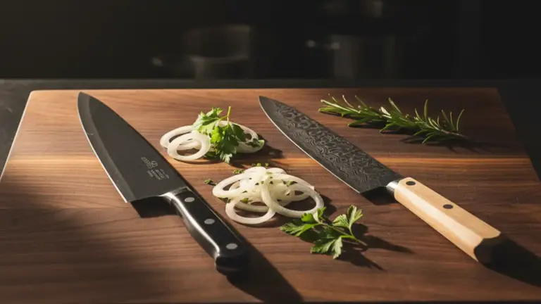 German chef's knife and Japanese gyuto laid side by side on a walnut cutting board with prepped vegetables