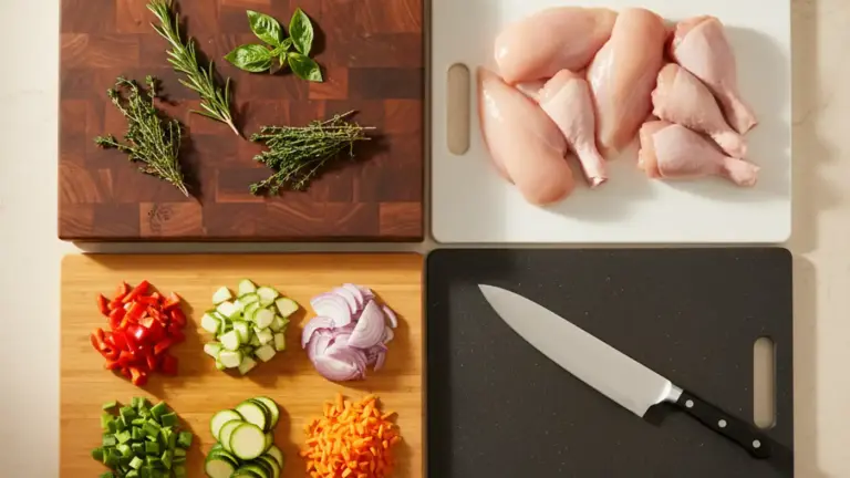 Four cutting boards side by side: walnut end-grain, HDPE plastic, bamboo, and composite, with food and a chef's knife
