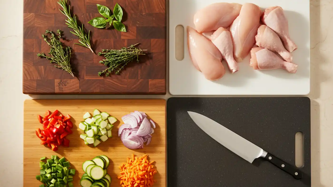 Four cutting boards side by side: walnut end-grain, HDPE plastic, bamboo, and composite, with food and a chef's knife