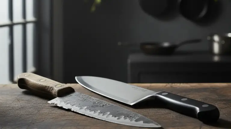 Old chipped chef's knife next to a new shiny chef's knife on a butcher block under dramatic side lighting