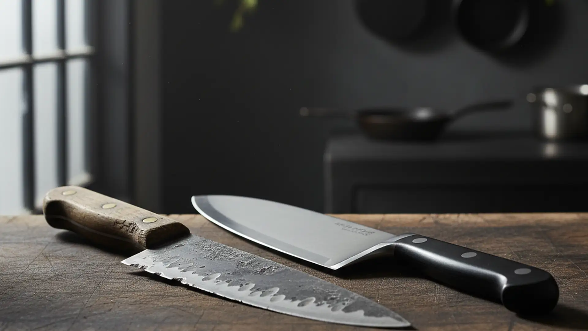 Old chipped chef's knife next to a new shiny chef's knife on a butcher block under dramatic side lighting