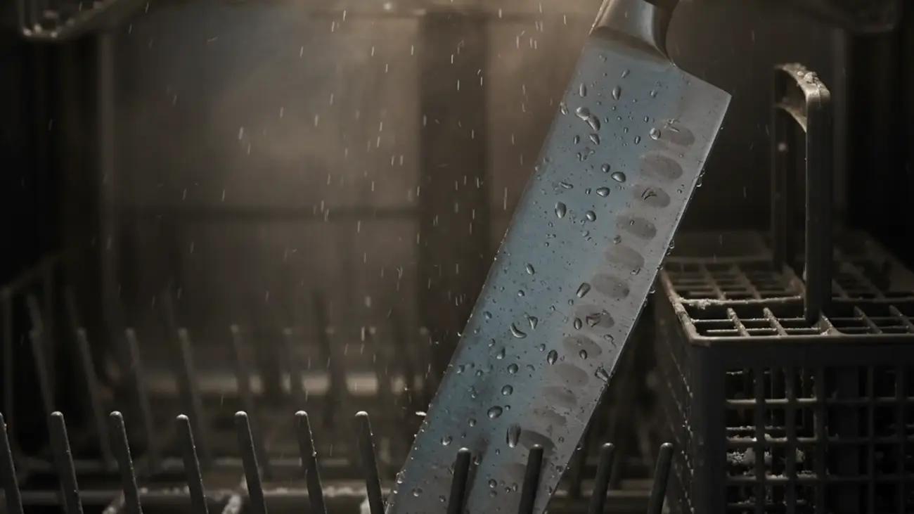 Chef's knife sitting in a dishwasher rack with steam, water spots, and faint discoloration on the blade