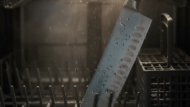 Chef's knife sitting in a dishwasher rack with steam, water spots, and faint discoloration on the blade
