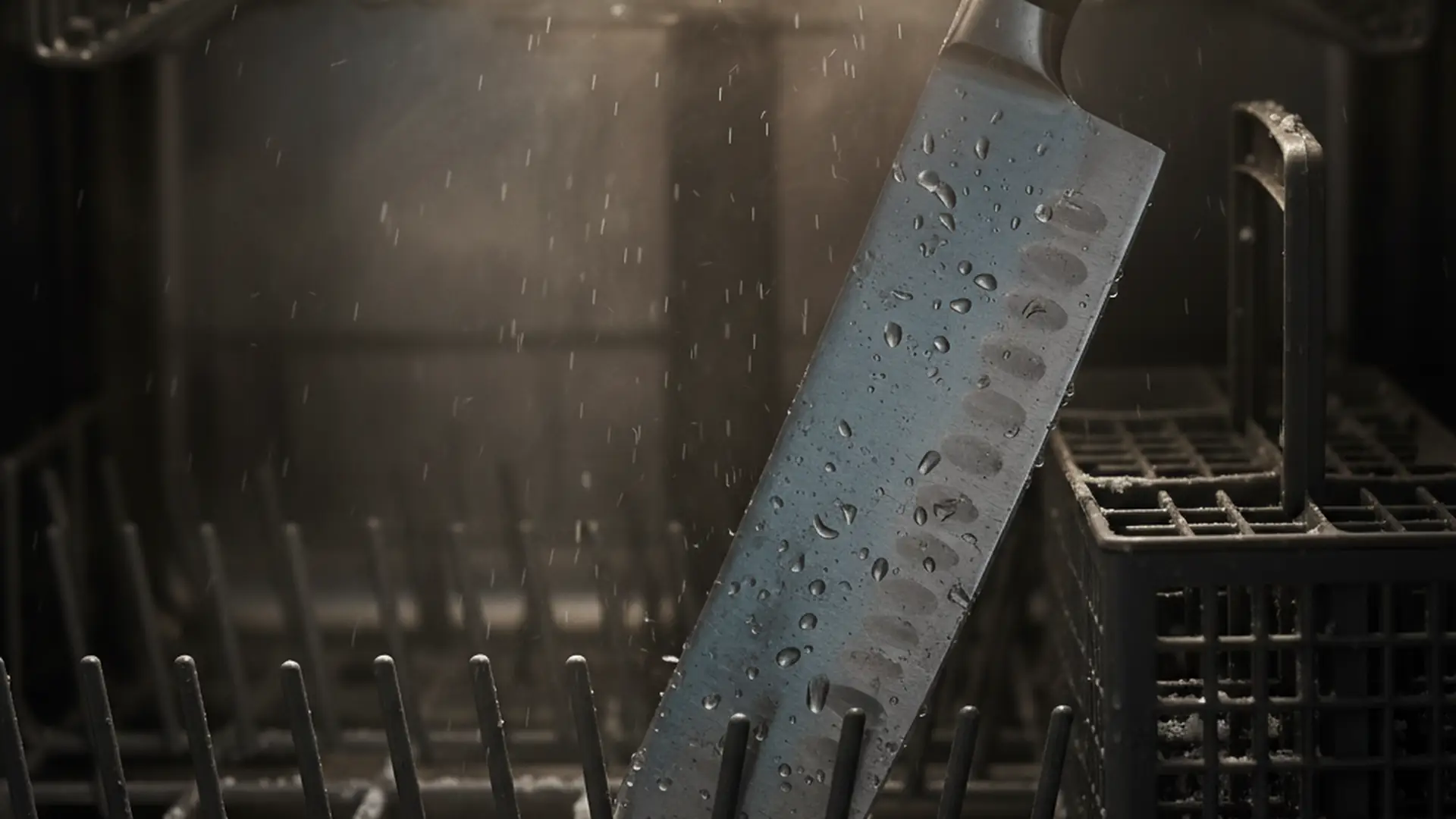 Chef's knife sitting in a dishwasher rack with steam, water spots, and faint discoloration on the blade
