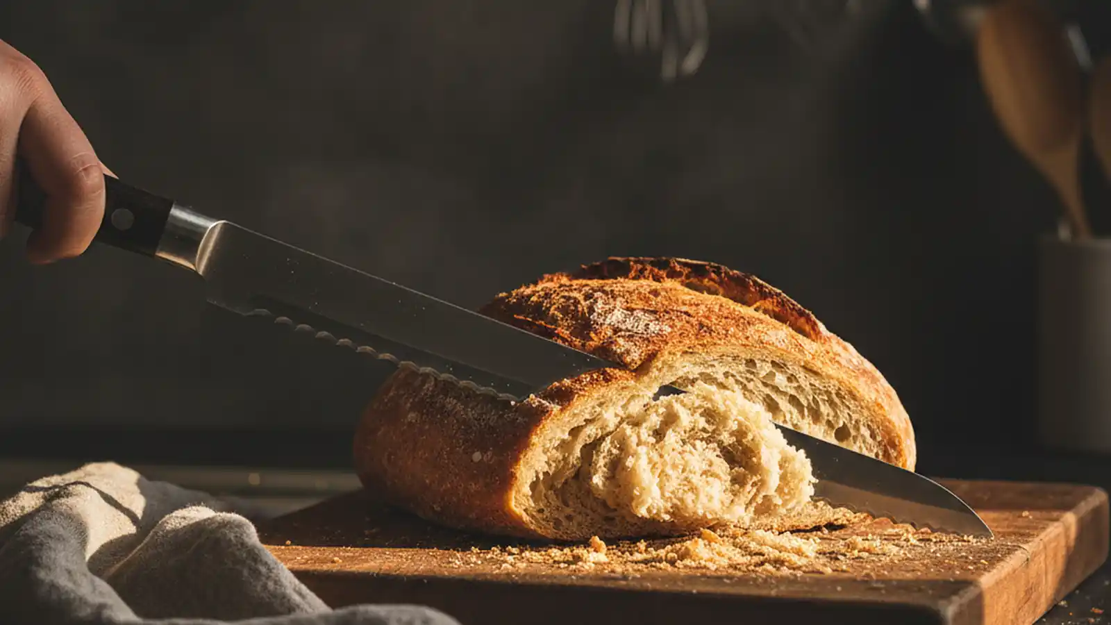 Long serrated bread knife slicing a crusty sourdough loaf on a wooden cutting board in afternoon light