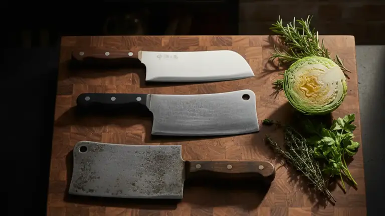 Chinese vegetable cleaver, Western meat cleaver, and heavy bone cleaver laid in a row on a walnut butcher block