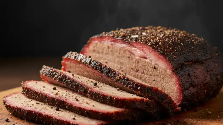 Sliced smoked brisket with smoke ring and pepper bark fanned out on a wooden butcher board