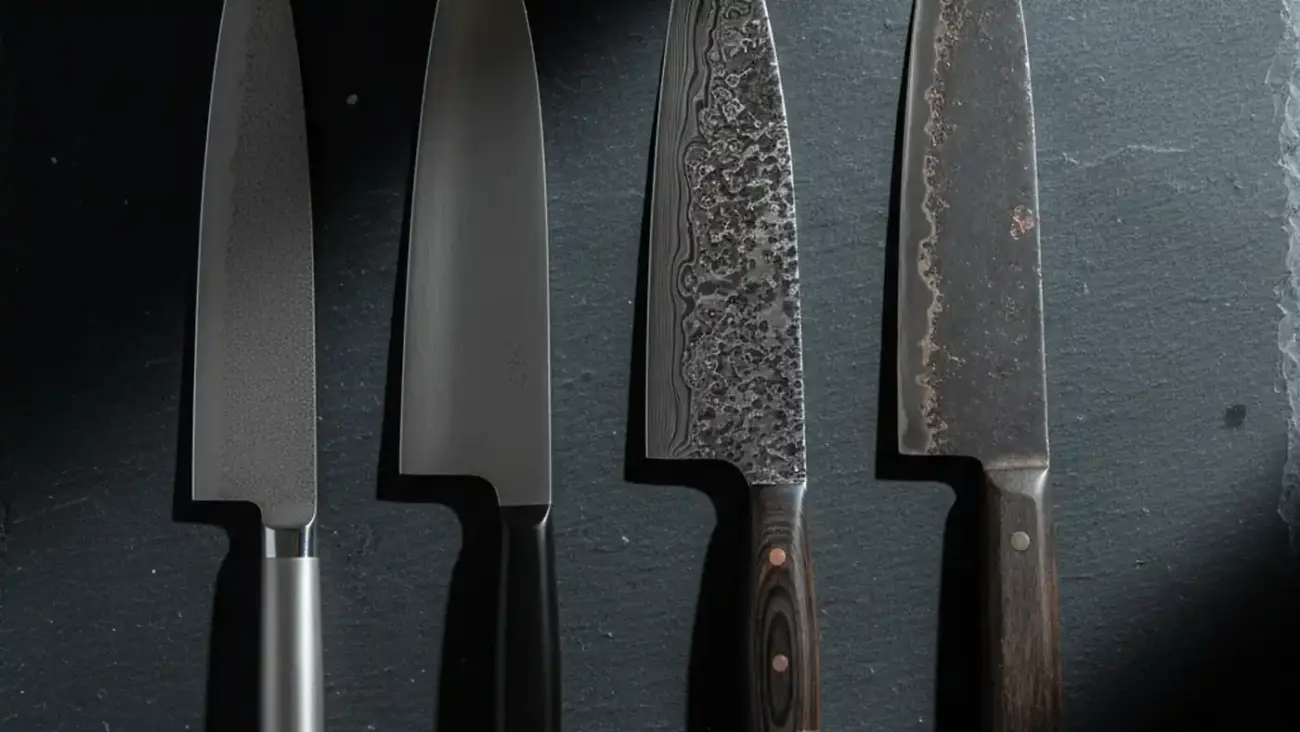 Four chef's knives showing different steel types and finishes lined up on a dark slate surface