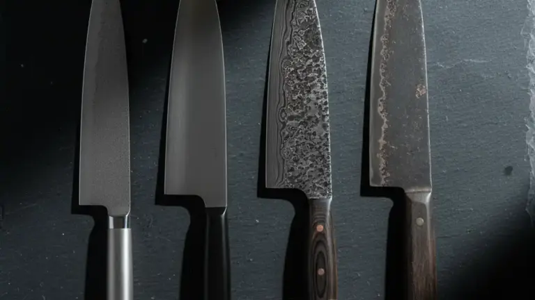 Four chef's knives showing different steel types and finishes lined up on a dark slate surface