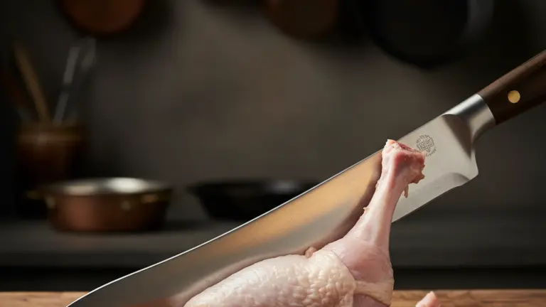 Flexible boning knife working along a raw chicken thigh bone on a wooden butcher board
