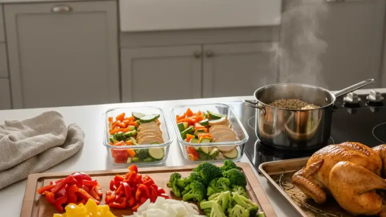 Sunday meal prep scene with roasted chicken, chopped vegetables, and glass meal containers in afternoon light