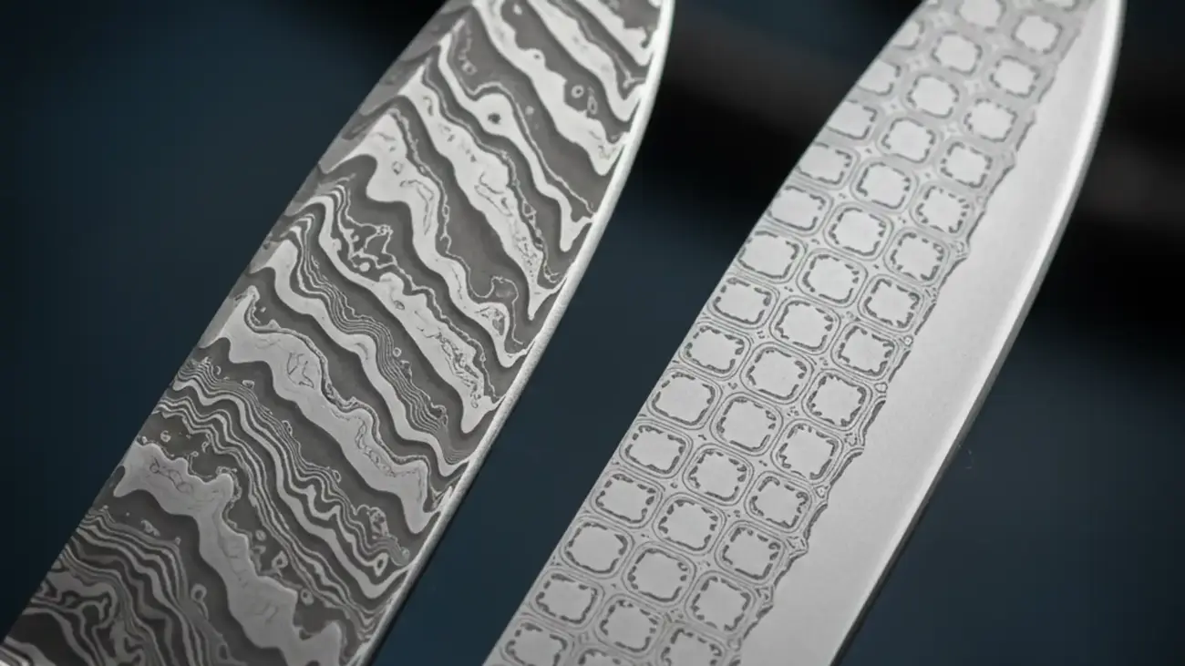 Real Damascus blade with deep layered pattern next to a fake laser-etched blade showing surface differences