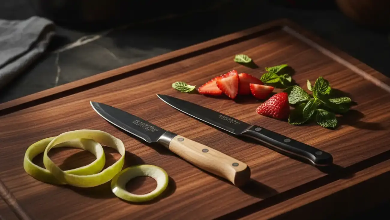 Paring knife with apple peels next to a petty knife with sliced strawberries on a walnut cutting board