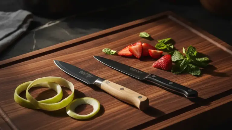 Paring knife with apple peels next to a petty knife with sliced strawberries on a walnut cutting board