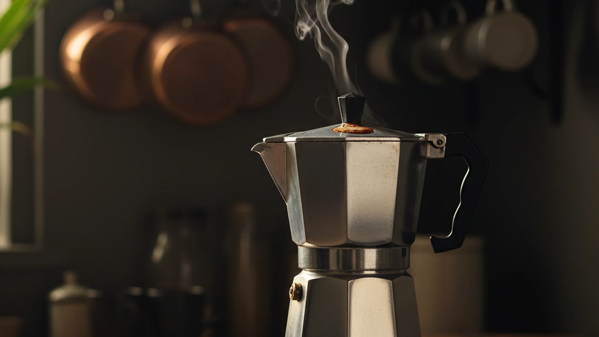 Bialetti Moka pot on a gas stove with espresso emerging into the upper chamber in morning light
