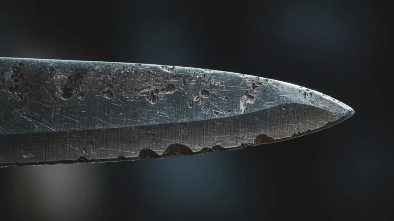 Macro view of a worn chef's knife edge showing micro-chips and dulling under dramatic lighting