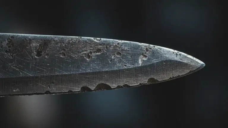 Macro view of a worn chef's knife edge showing micro-chips and dulling under dramatic lighting