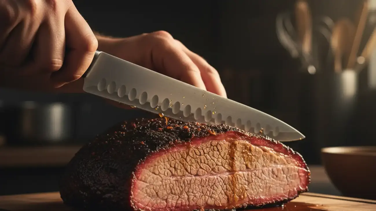 Long Granton-edge slicing knife cutting into a sliced brisket on a wooden carving board