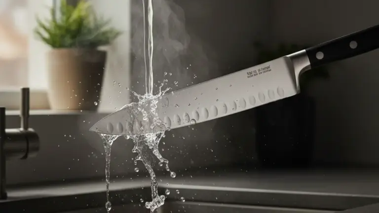 Chef's knife being rinsed under running water in a kitchen sink with steam rising