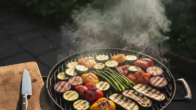 Colorful grilled vegetables with char marks on a grill grate in golden afternoon light