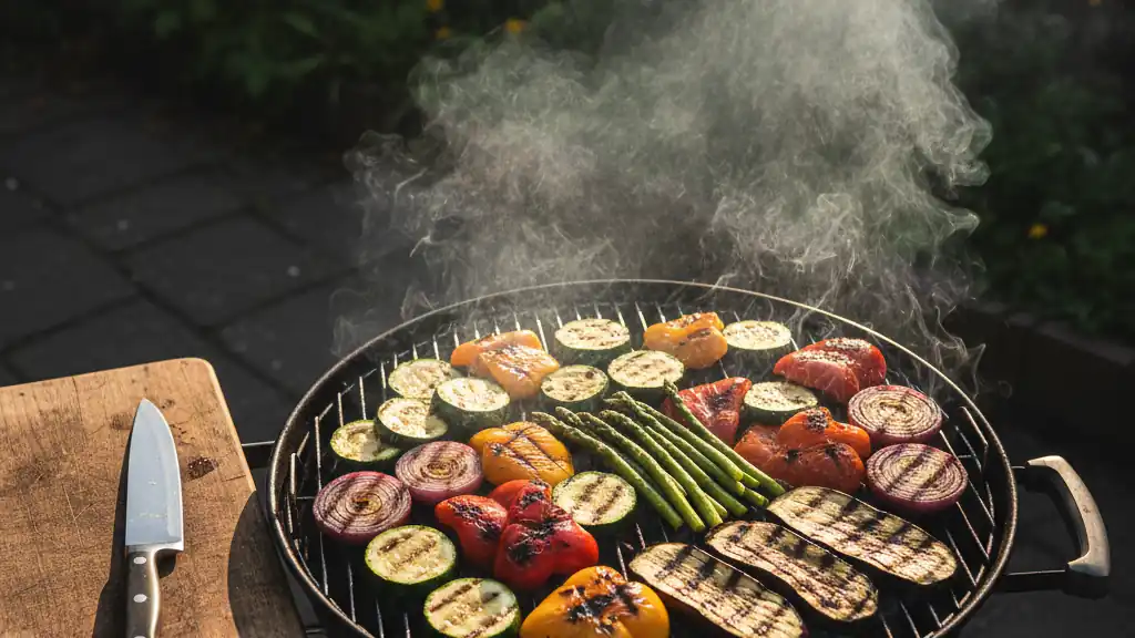 Colorful grilled vegetables with char marks on a grill grate in golden afternoon light