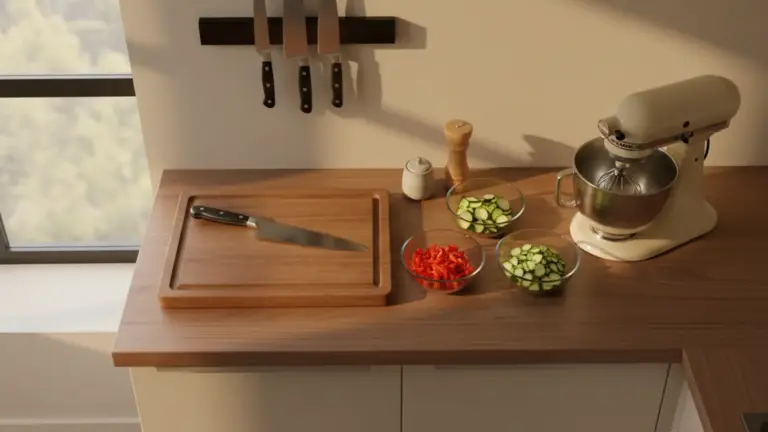 Organized kitchen counter with cutting board, magnetic knife strip, prep bowls, and seasoning in afternoon light
