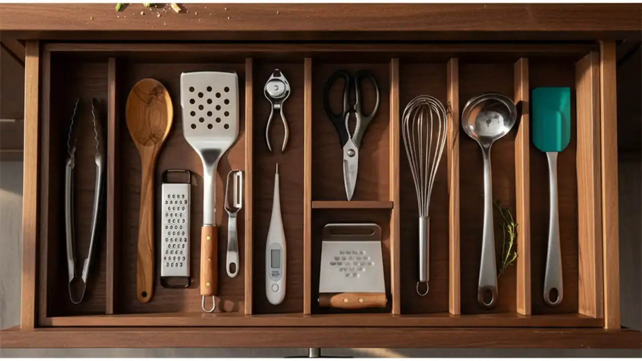 Organized kitchen drawer with 12 essential cooking tools arranged in a wooden divider