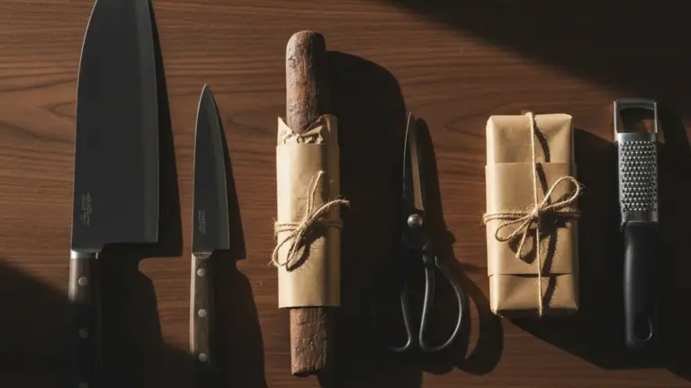 Six premium kitchen knives arranged with kraft paper gift wrapping on a walnut surface