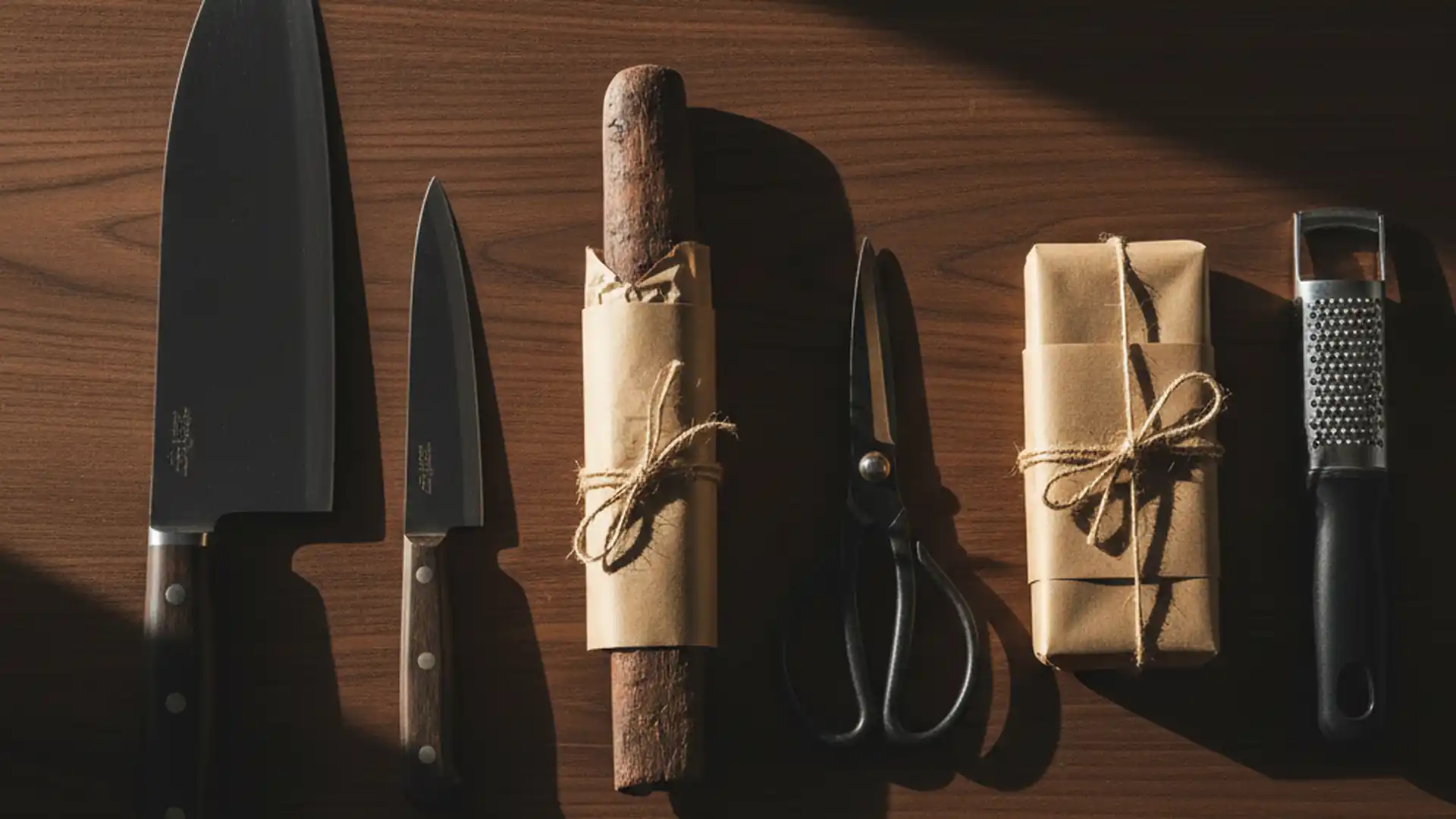 Six premium kitchen knives arranged with kraft paper gift wrapping on a walnut surface