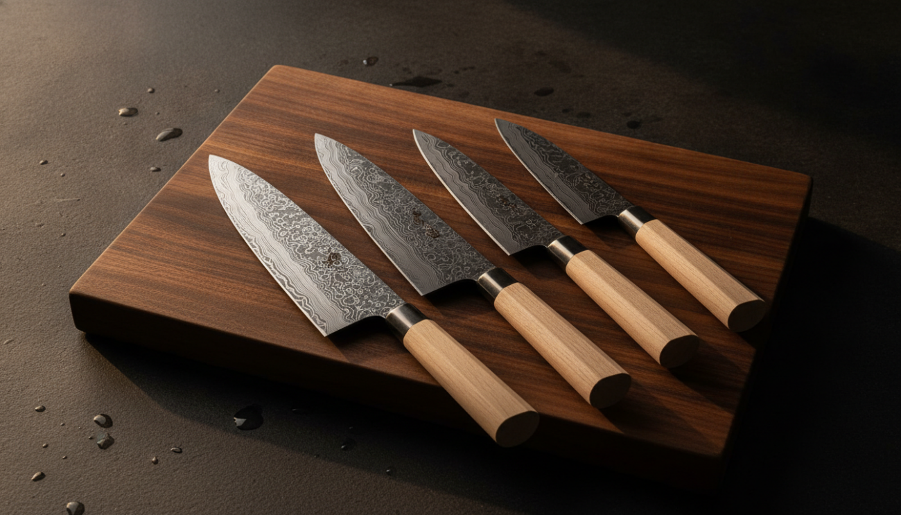 Four premium Japanese kitchen knives — santoku, nakiri, bunka and petty — on a walnut cutting board