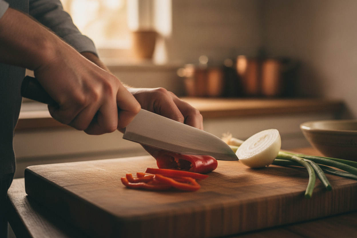 Slicing a red bell pepper with a Japanese nakiri knife on a wooden cutting board