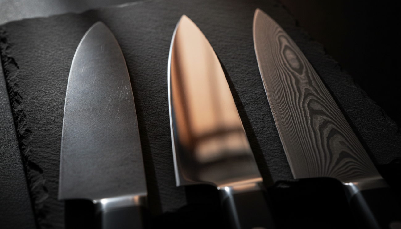 Carbon steel, stainless steel and Damascus chef knife blades compared side by side