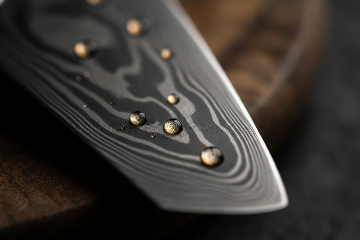 Close-up of a Damascus steel knife blade showing the layered wavy pattern
