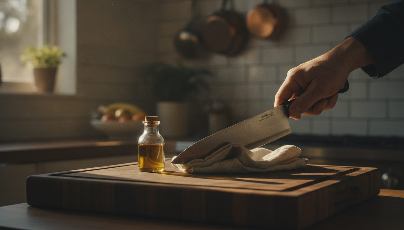 Wiping a carbon steel chef knife dry next to a bottle of camellia oil