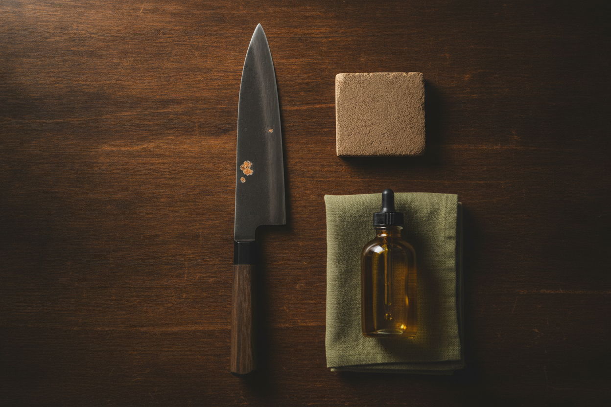 Carbon steel knife with light rust spots beside a rust eraser block and camellia oil