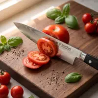 Satake 69-layer Damascus gyuto with basil and tomatoes on a walnut board