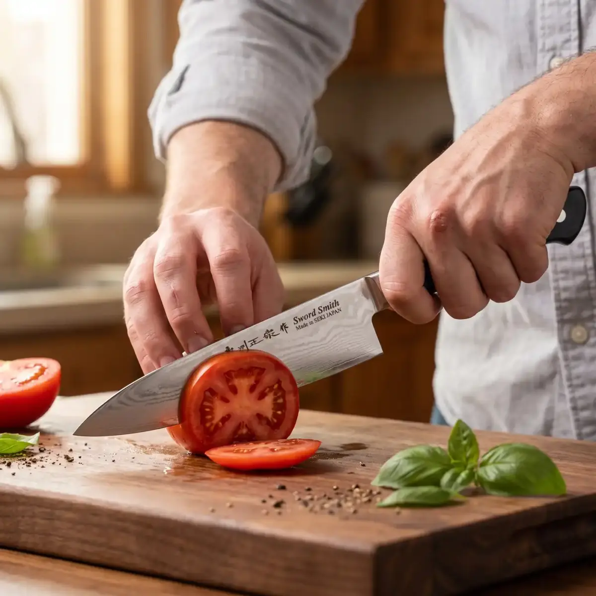 Satake 69-layer Damascus gyuto slicing a tomato on a walnut board