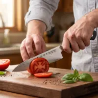 Satake 69-layer Damascus gyuto slicing a tomato on a walnut board