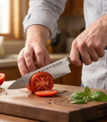 Satake 69-layer Damascus gyuto slicing a tomato on a walnut board