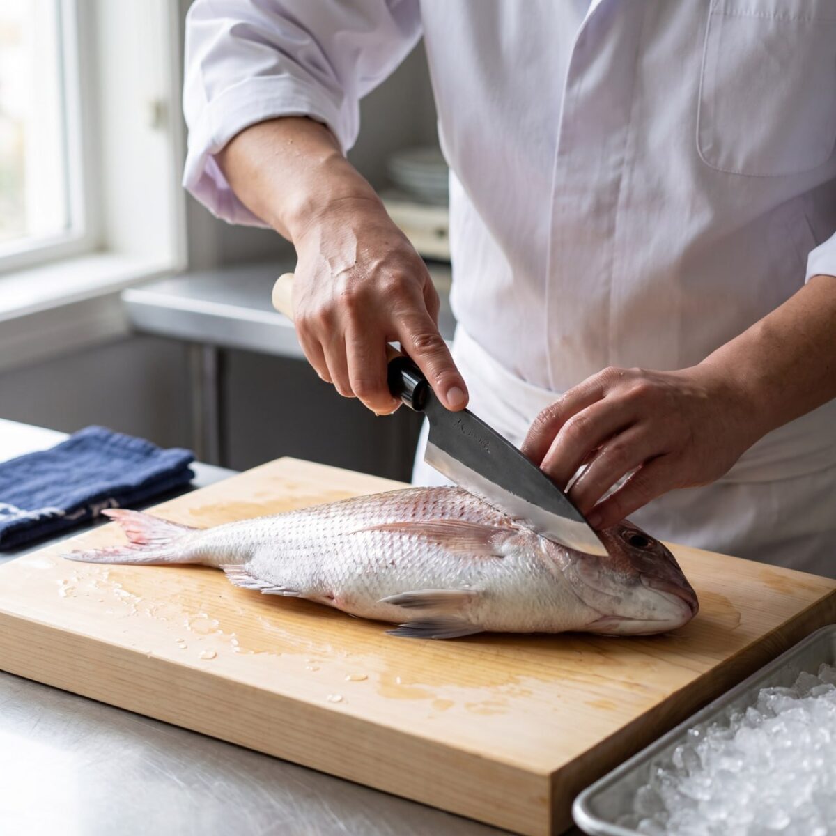 Chef filleting fresh fish on cutting board