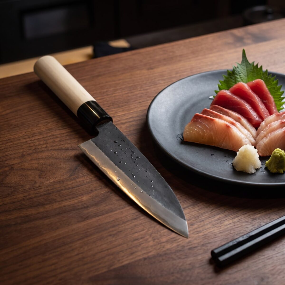Japanese chef knife beside sashimi on plate