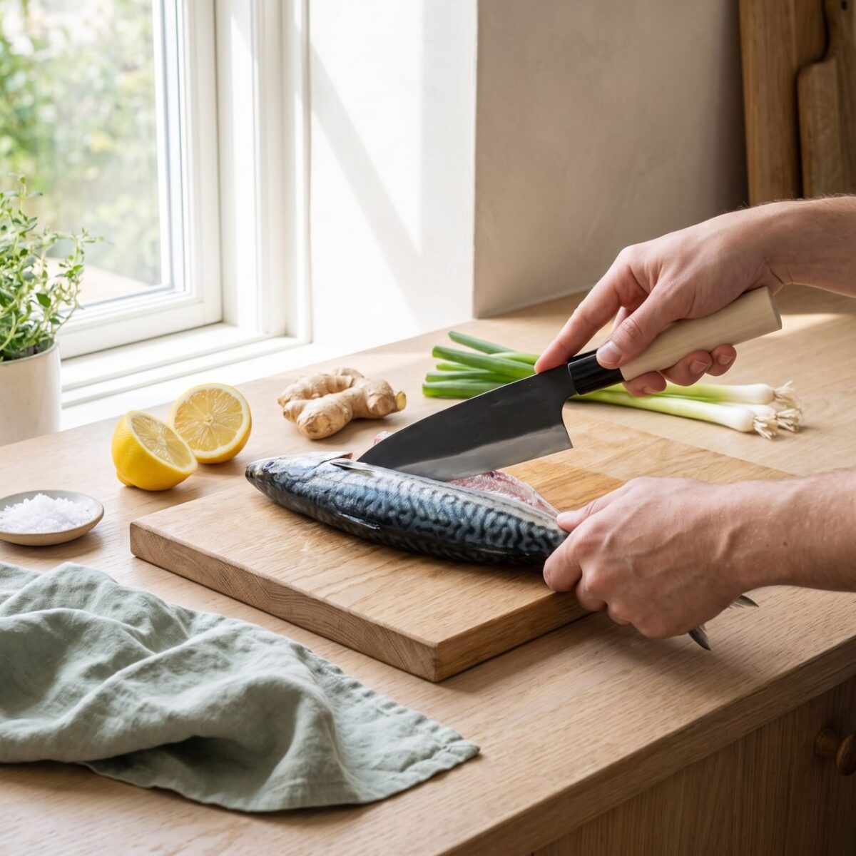 Hands filleting fresh mackerel on wooden board