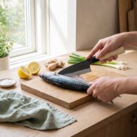 Hands filleting fresh mackerel on wooden board