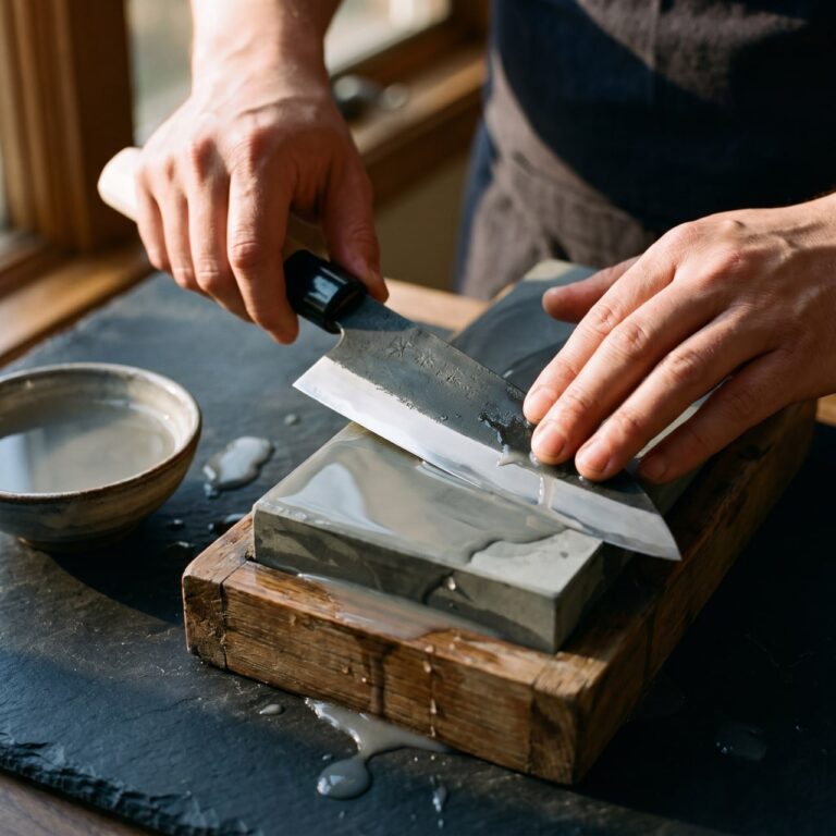 Sharpening a deba knife on whetstone