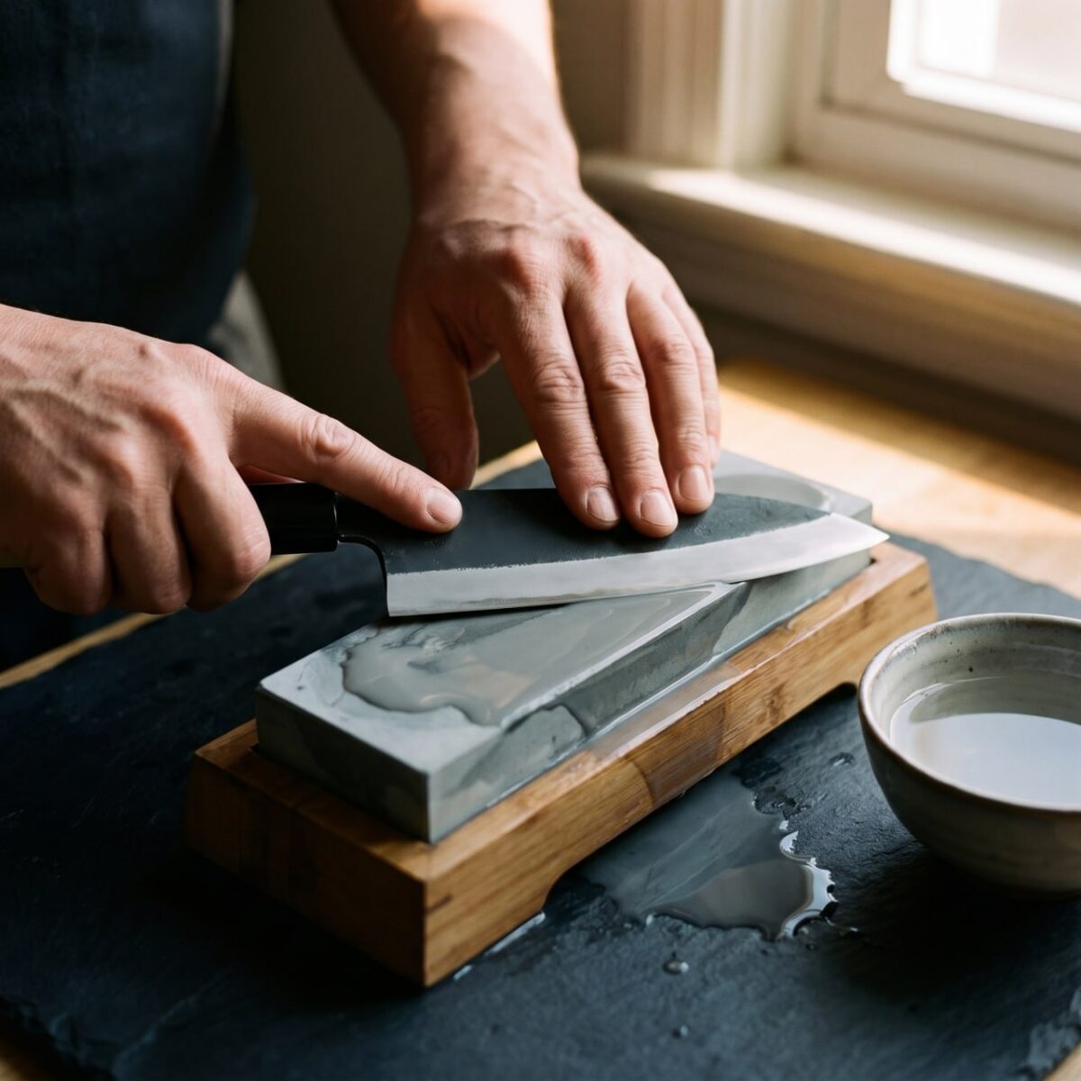 Hands sharpening chef’s knife on whetstone