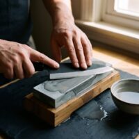 Hands sharpening chef’s knife on whetstone