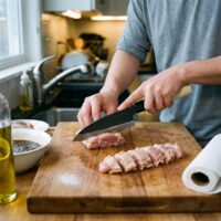 Person slicing raw chicken on wooden cutting board